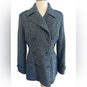 Lucky Brand Black & White Wool Blend tweed like Military style Pea Coat Size M